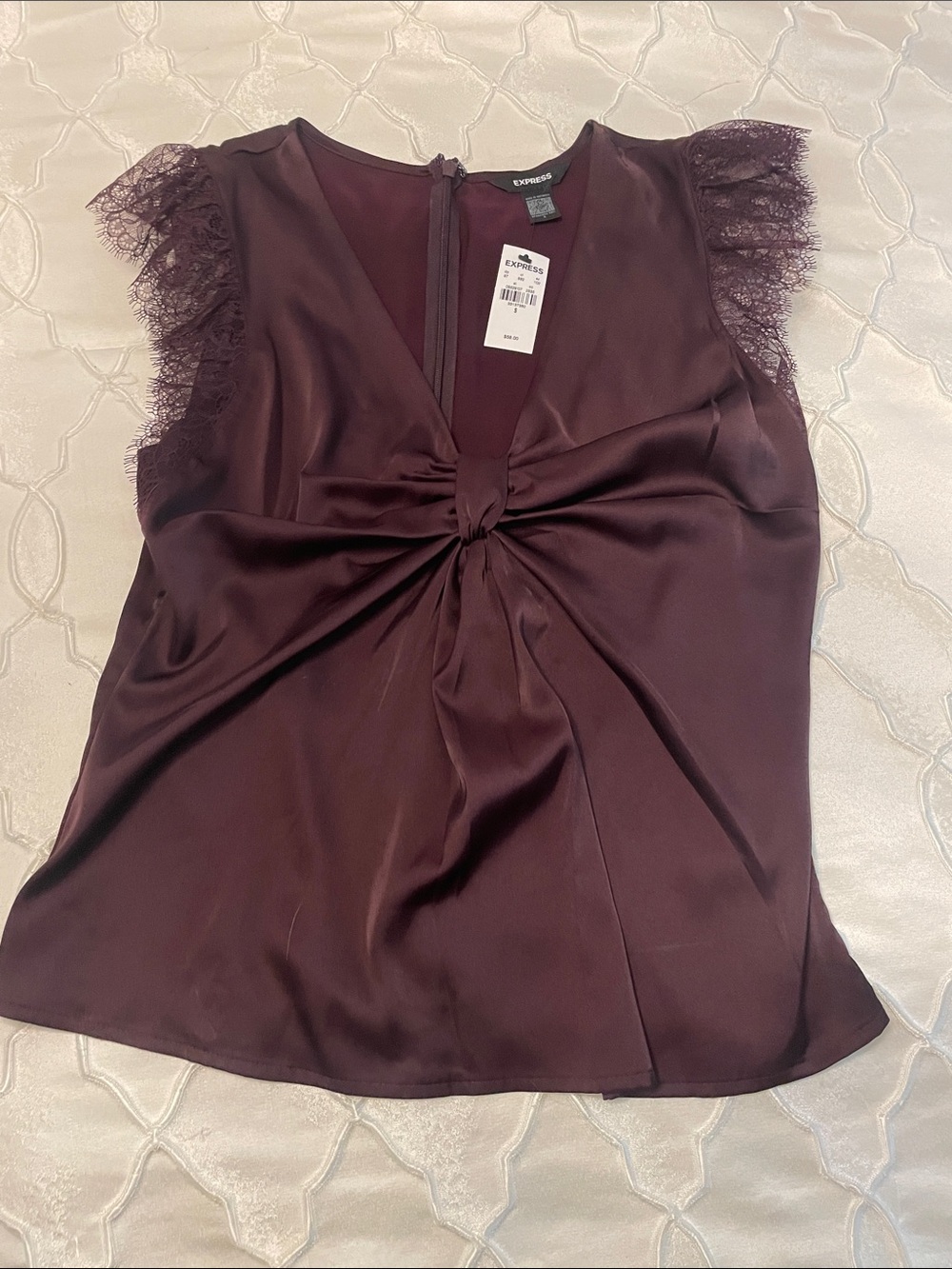 Express  Satin Twist-Front Lace Sleeve Blouse